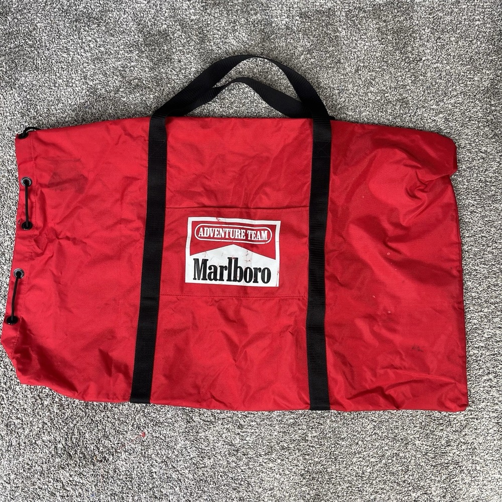 Vintage 90s Marlboro Adventure Team Extra Large Red Draw String Duffle Bag Cinch